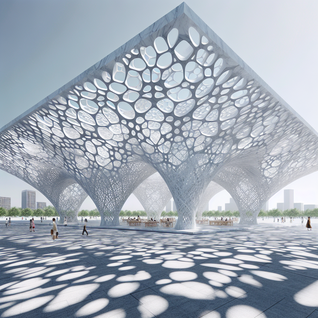Hyperrealistic marble pavilion inspired by magnolia petals, CNC-milled lattice design in open-air plaza with floral light patterns.