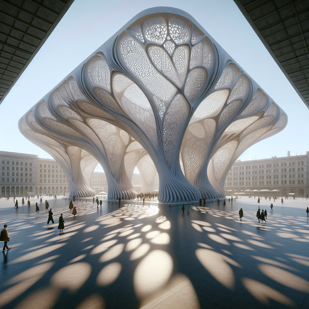 Hyperrealistic marble pavilion inspired by magnolia petals, CNC-milled lattice design in open-air plaza with floral light patterns.