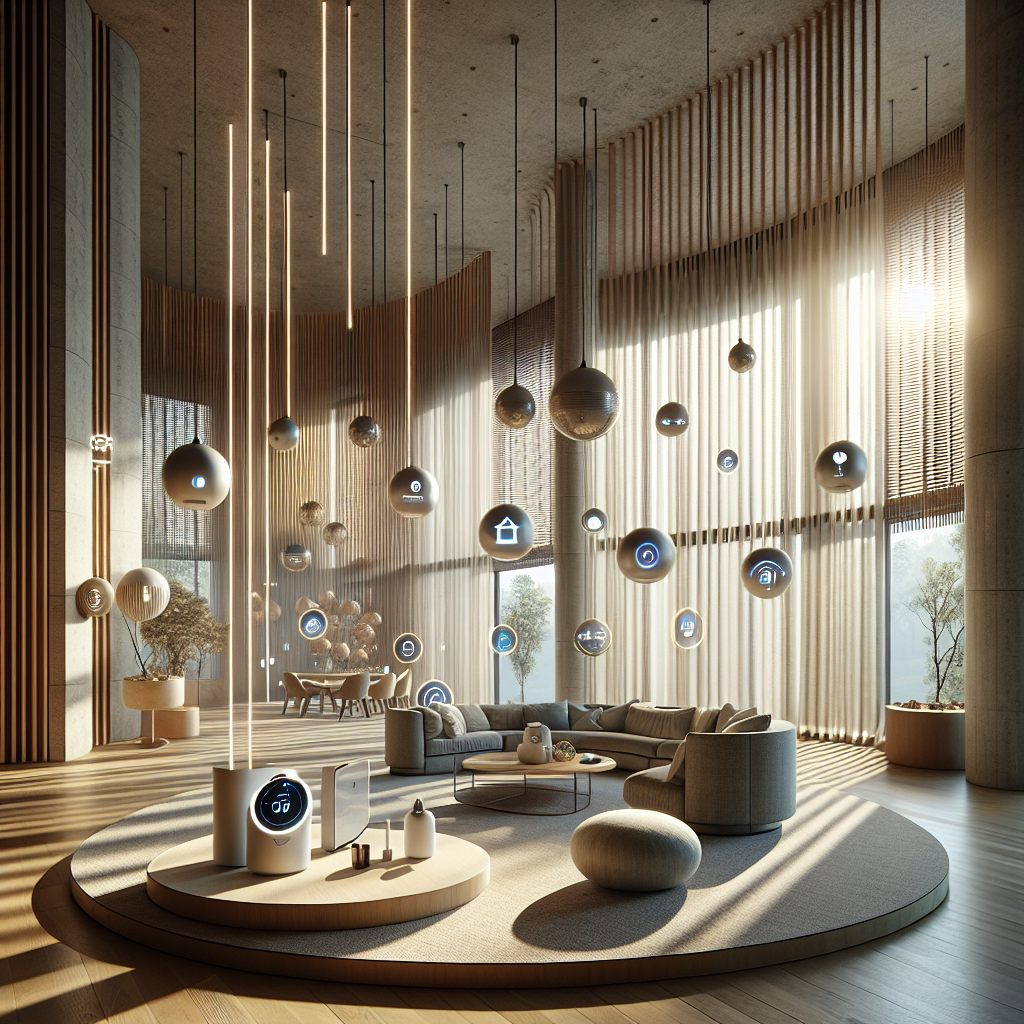 Hyperrealistic smart home interior with minimalist design, natural materials, discreet Matter-compatible devices, and warm ambient lighting.