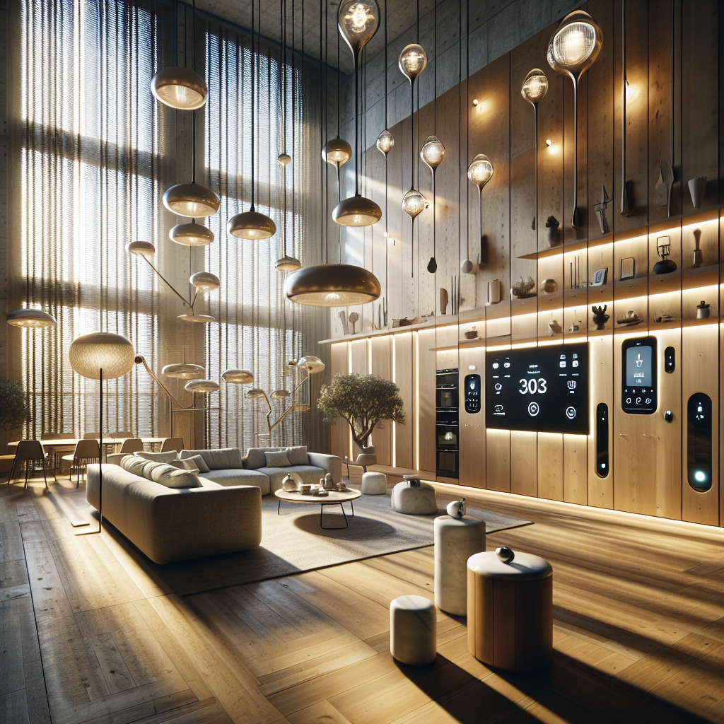 Hyperrealistic smart home interior with minimalist design, natural materials, discreet Matter-compatible devices, and warm ambient lighting.