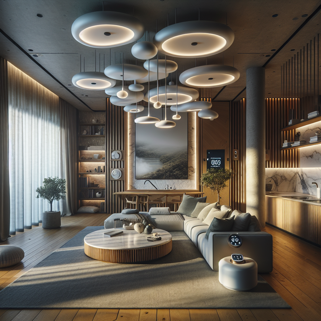 Hyperrealistic smart home interior with minimalist design, natural materials, discreet Matter-compatible devices, and warm ambient lighting.