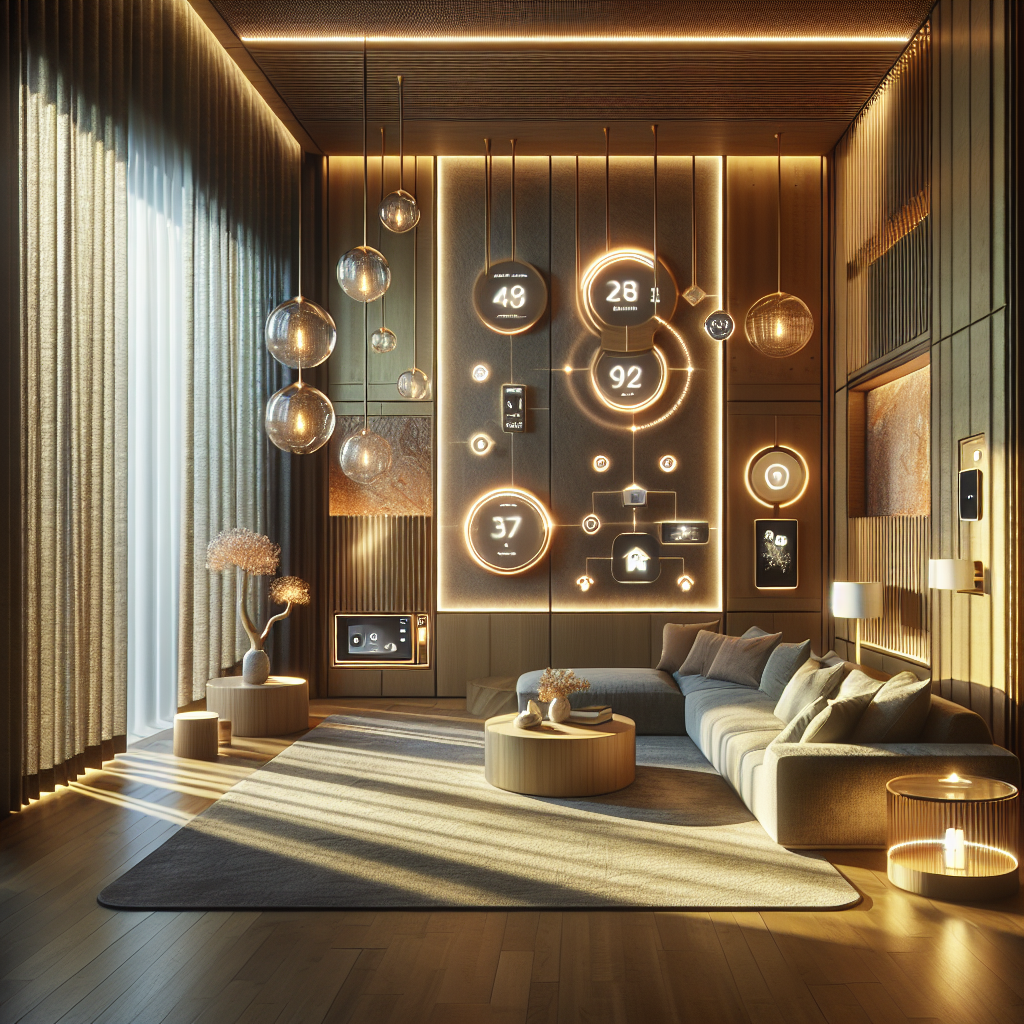 Hyperrealistic smart home interior with minimalist design, natural materials, discreet Matter-compatible devices, and warm ambient lighting.