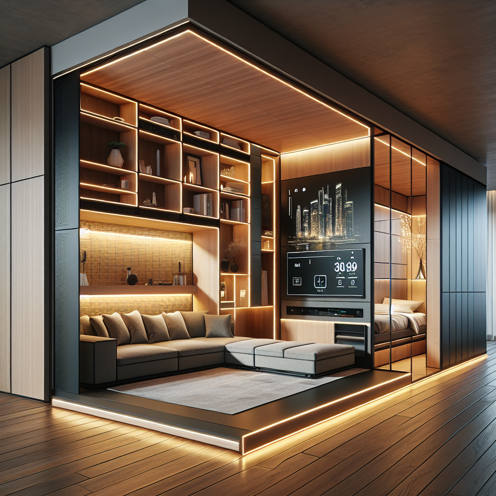 Hyperrealistic modern apartment with modular smart furniture, Murphy bed, reconfigurable sofa, smart lighting, and eco-friendly design.