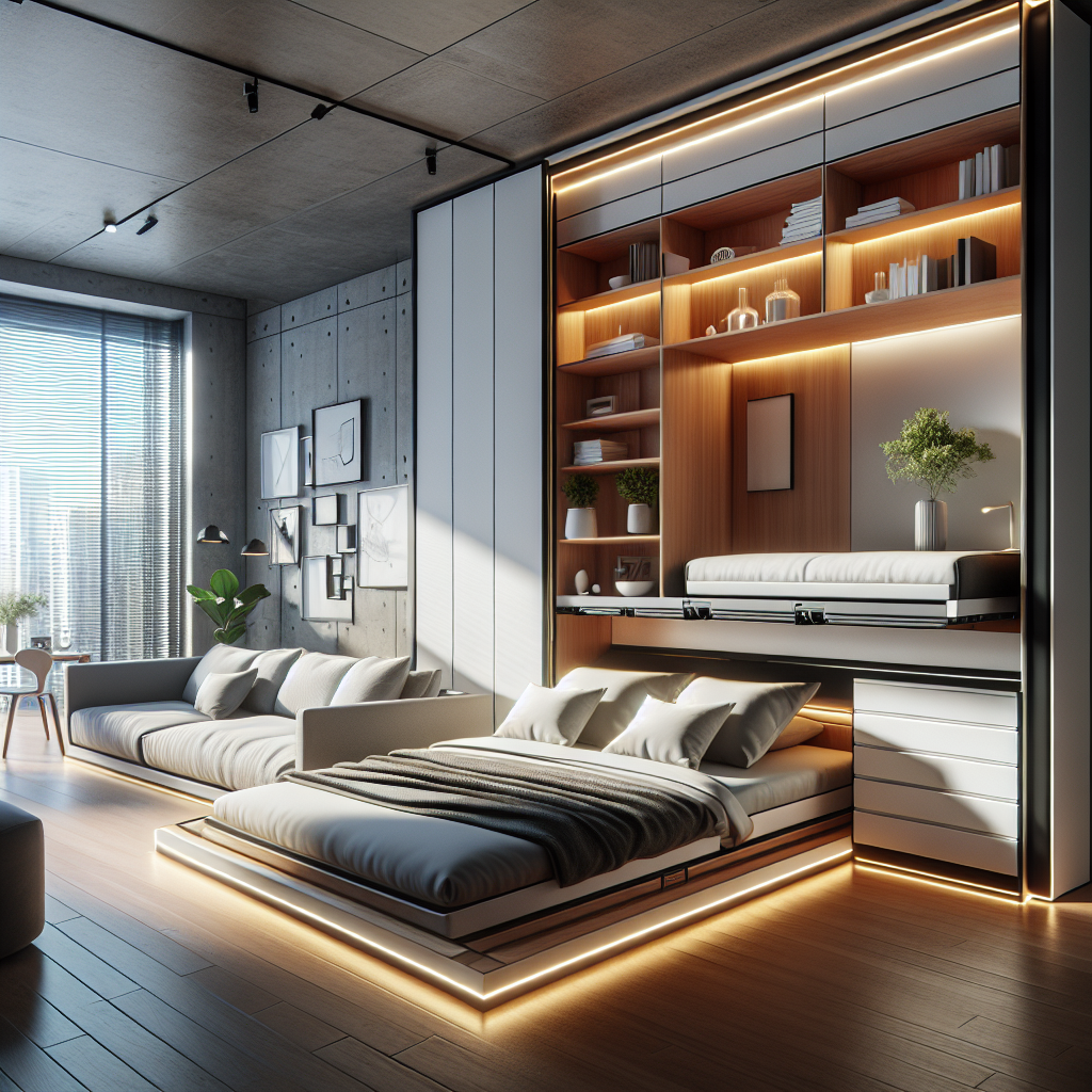Hyperrealistic modern apartment with modular smart furniture, Murphy bed, reconfigurable sofa, smart lighting, and eco-friendly design.