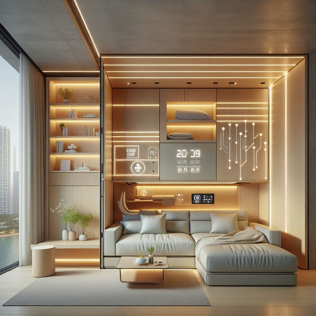 Hyperrealistic modern apartment with modular smart furniture, Murphy bed, reconfigurable sofa, smart lighting, and eco-friendly design.