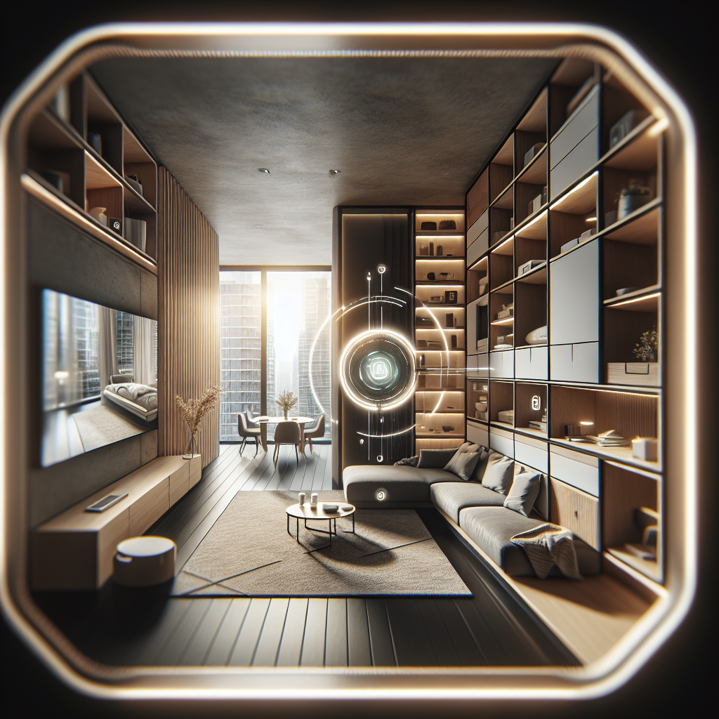 Hyperrealistic modern apartment with modular smart furniture, Murphy bed, reconfigurable sofa, smart lighting, and eco-friendly design.