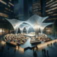 Hyperrealist night scene of modular ephemeral amphitheater with glowing tensile canopies, wooden wave seating, and eco-friendly urban design.