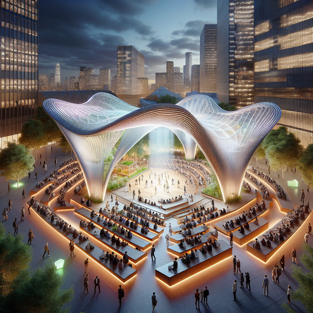 Hyperrealist night scene of modular ephemeral amphitheater with glowing tensile canopies, wooden wave seating, and eco-friendly urban design.