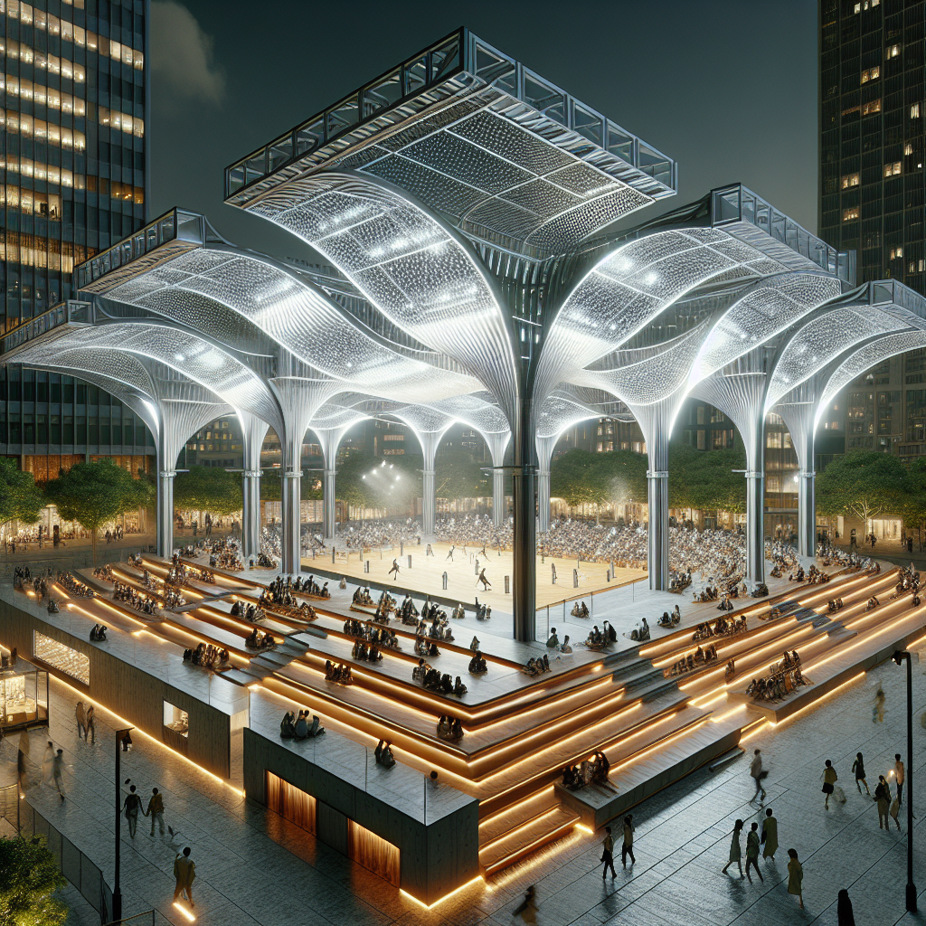 Hyperrealist night scene of modular ephemeral amphitheater with glowing tensile canopies, wooden wave seating, and eco-friendly urban design.