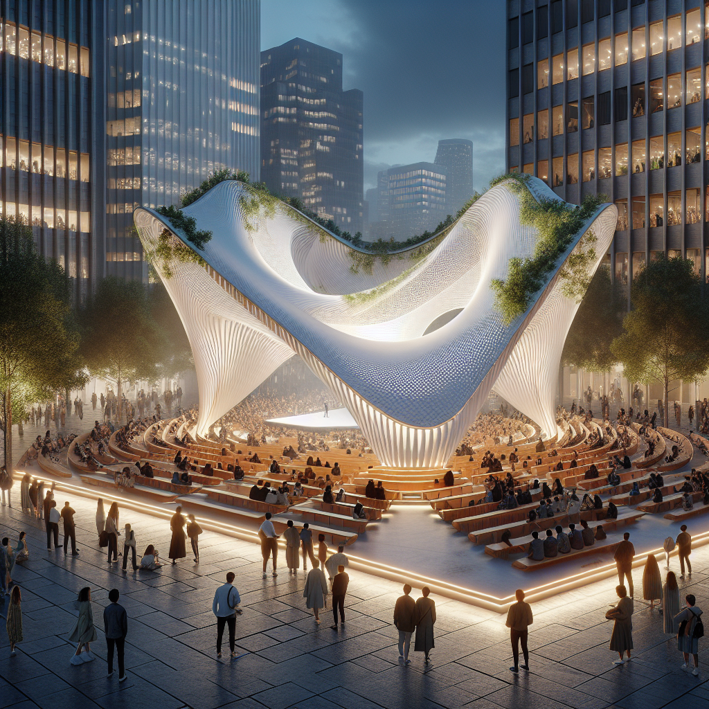 Hyperrealist night scene of modular ephemeral amphitheater with glowing tensile canopies, wooden wave seating, and eco-friendly urban design.