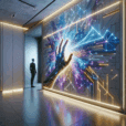 Hyperrealistic modern interior mural with glowing geometric patterns, touch‑activated electroluminescent light waves in blue, purple, and gold.