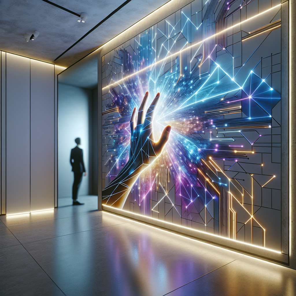 Hyperrealistic modern interior mural with glowing geometric patterns, touch‑activated electroluminescent light waves in blue, purple, and gold.