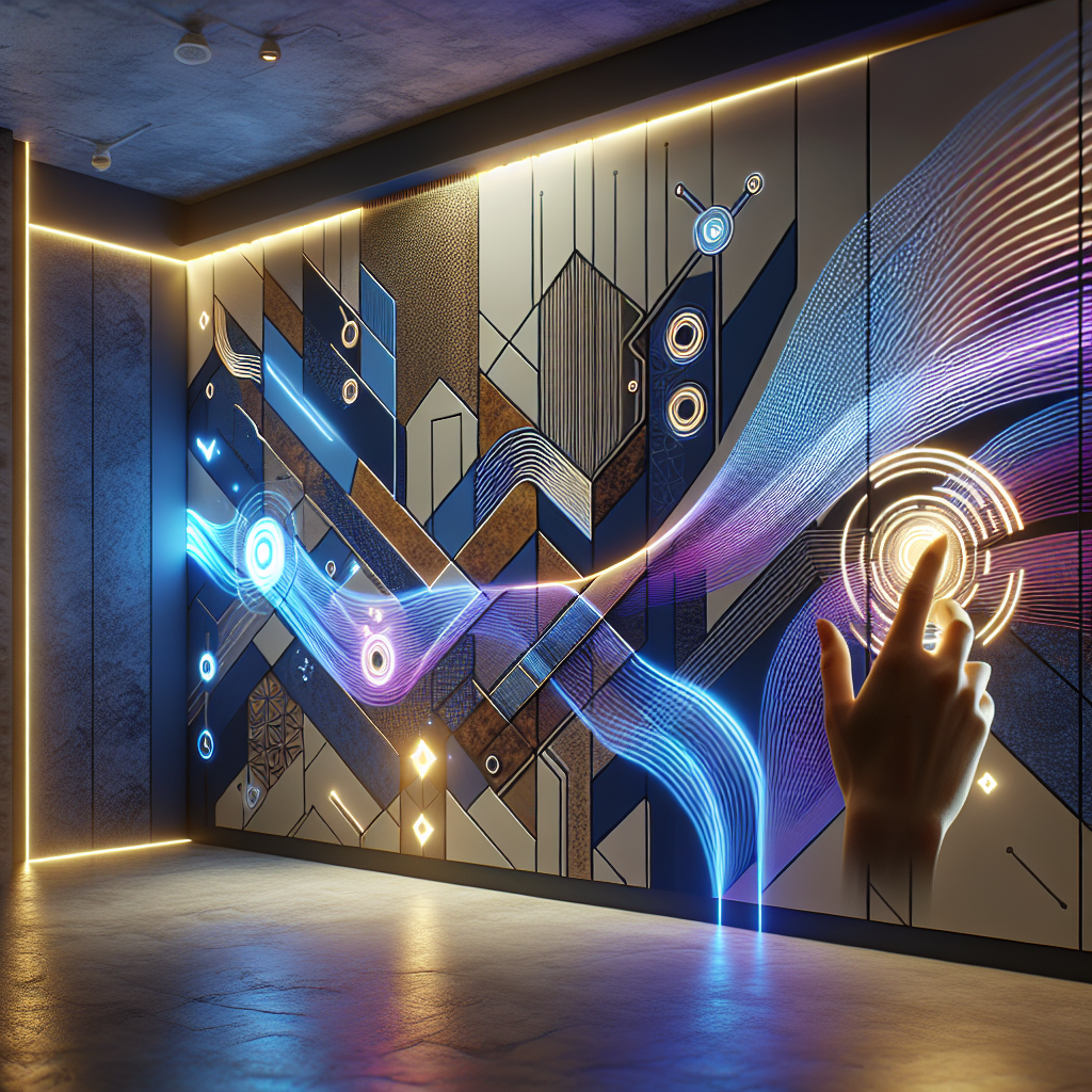 Hyperrealistic modern interior mural with glowing geometric patterns, touch‑activated electroluminescent light waves in blue, purple, and gold.