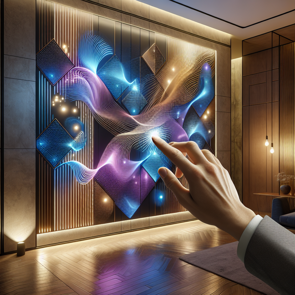Hyperrealistic modern interior mural with glowing geometric patterns, touch‑activated electroluminescent light waves in blue, purple, and gold.