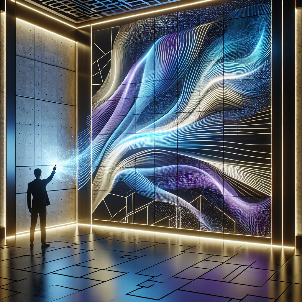 Hyperrealistic modern interior mural with glowing geometric patterns, touch‑activated electroluminescent light waves in blue, purple, and gold.