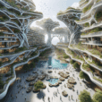 Hyperrealistic aerial view of futuristic residential complex with organic branching design, lush green courtyards, water features, and community spaces.
