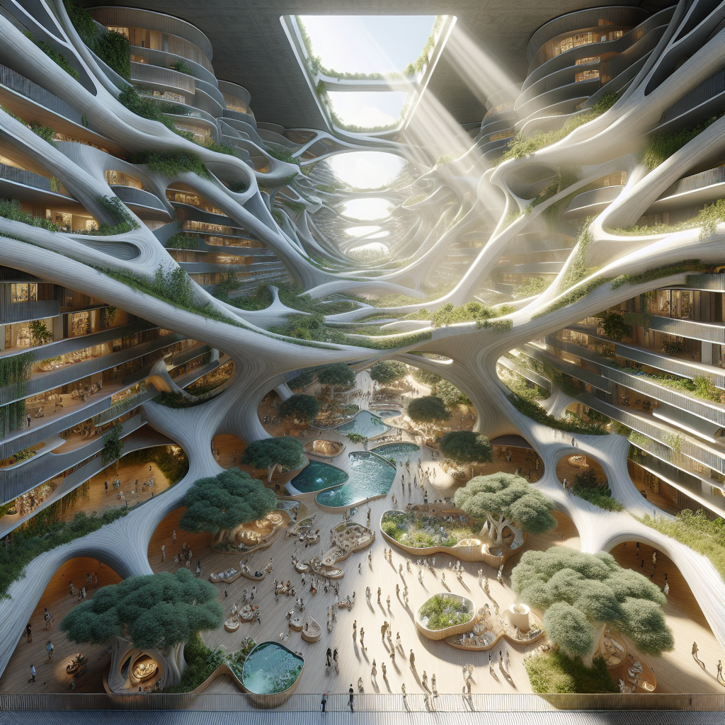 Hyperrealistic aerial view of futuristic residential complex with organic branching design, lush green courtyards, water features, and community spaces.