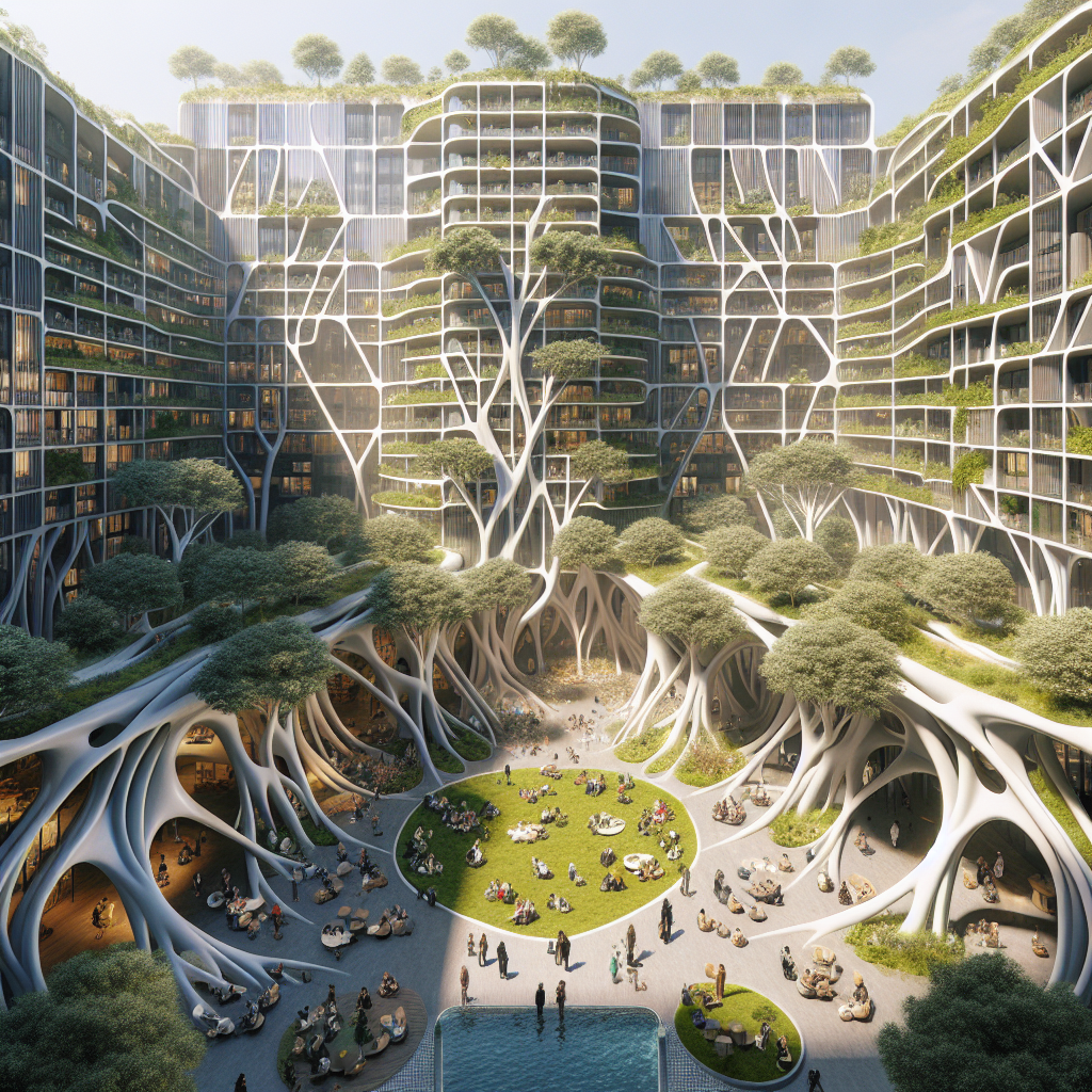 Hyperrealistic aerial view of futuristic residential complex with organic branching design, lush green courtyards, water features, and community spaces.