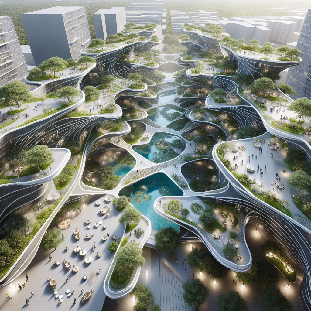 Hyperrealistic aerial view of futuristic residential complex with organic branching design, lush green courtyards, water features, and community spaces.