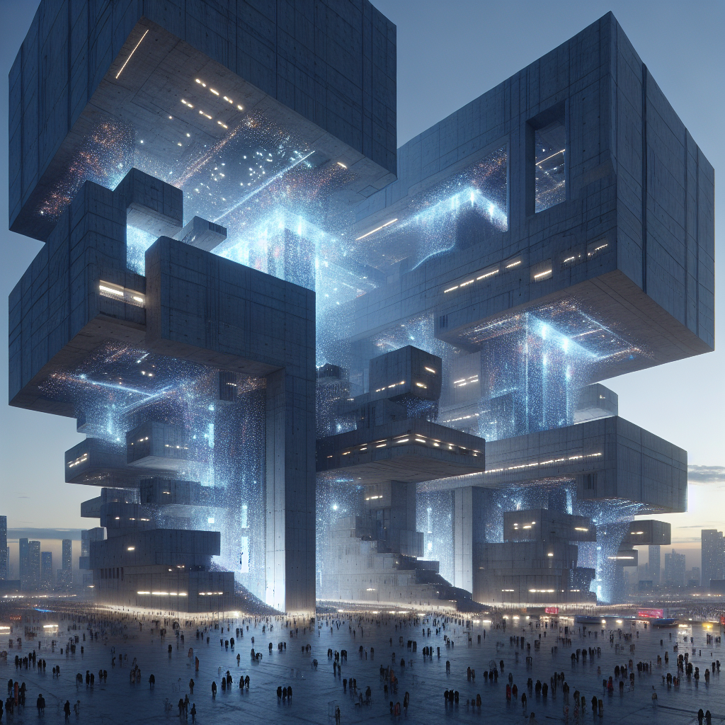 Hyperrealistic futuristic cityscape at dusk with monumental neo-brutalist concrete towers, LED light skins, and holographic projections.
