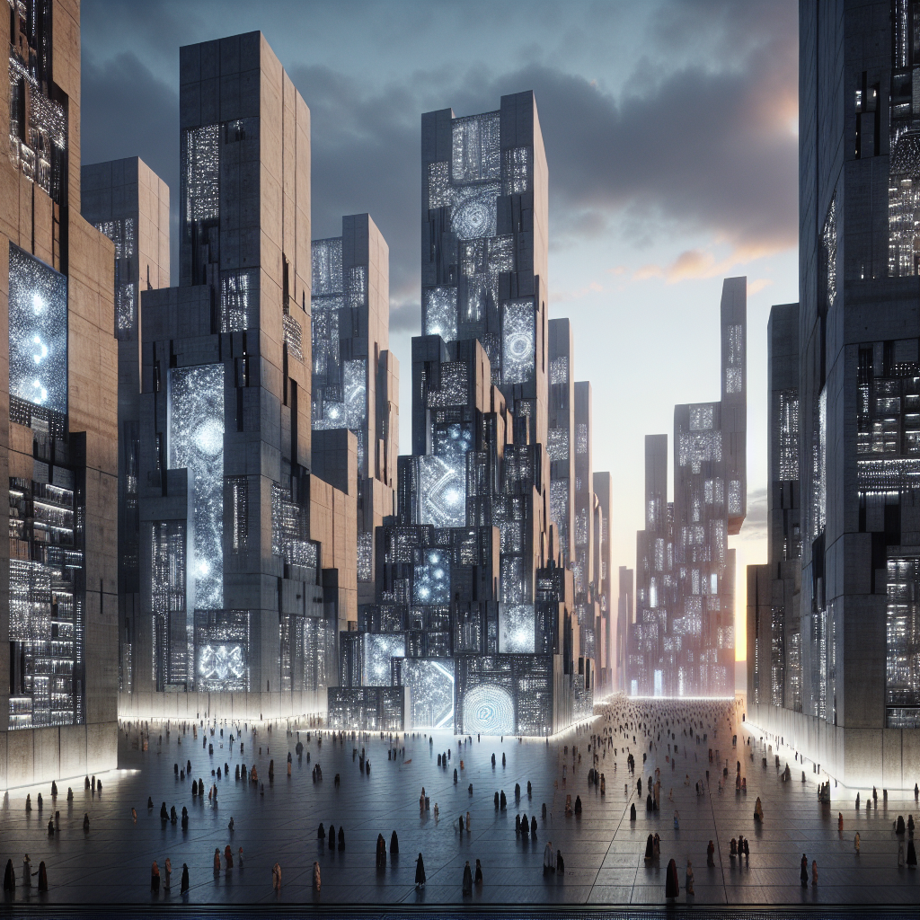Hyperrealistic futuristic cityscape at dusk with monumental neo-brutalist concrete towers, LED light skins, and holographic projections.