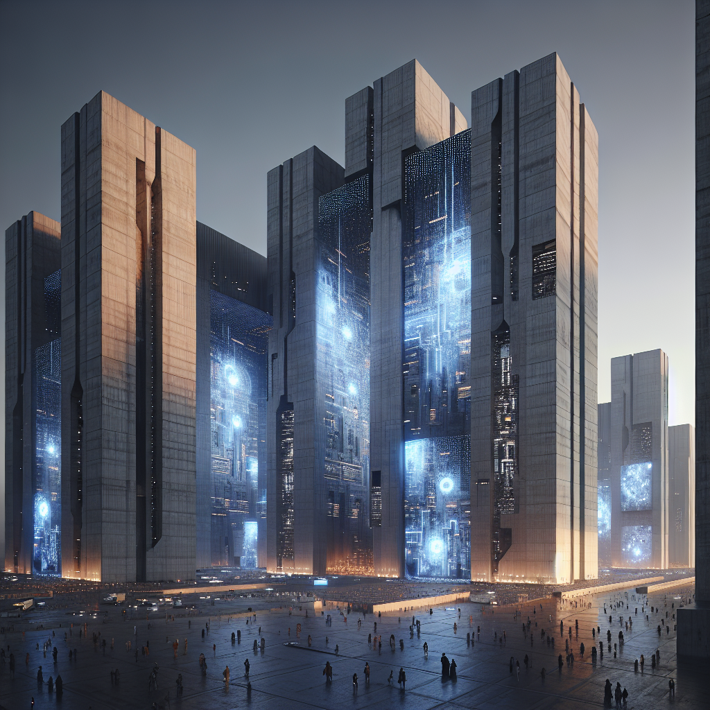 Hyperrealistic futuristic cityscape at dusk with monumental neo-brutalist concrete towers, LED light skins, and holographic projections.