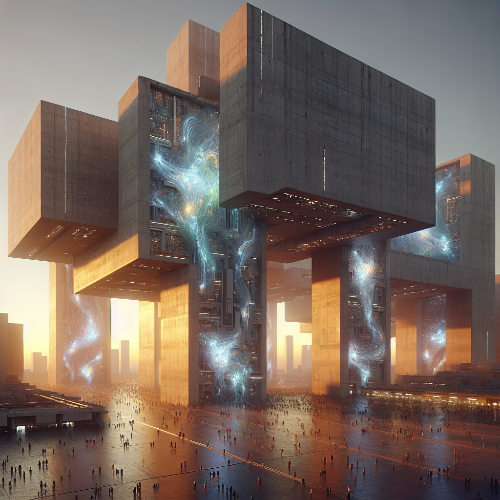 Hyperrealistic futuristic cityscape at dusk with monumental neo-brutalist concrete towers, LED light skins, and holographic projections.