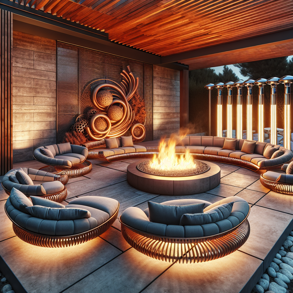 Modern luxury patio at dusk with corten steel fire pit, sunken lounge seating, timber pergola, radiant heaters, and ambient lighting.