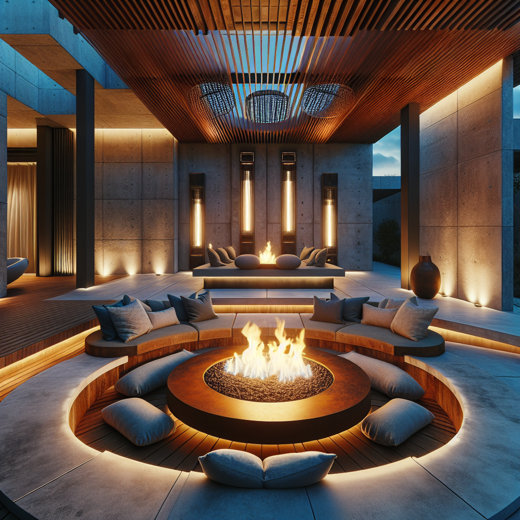 Modern luxury patio at dusk with corten steel fire pit, sunken lounge seating, timber pergola, radiant heaters, and ambient lighting.