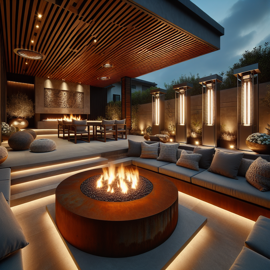 Modern luxury patio at dusk with corten steel fire pit, sunken lounge seating, timber pergola, radiant heaters, and ambient lighting.