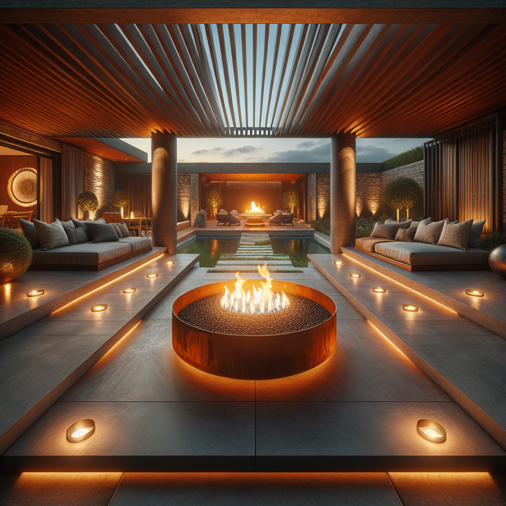 Modern luxury patio at dusk with corten steel fire pit, sunken lounge seating, timber pergola, radiant heaters, and ambient lighting.