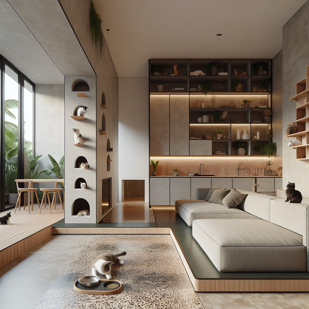 Scandinavian modern living room with terrazzo flooring, modular sofa with pet nook, cat shelves, dog lounge, and terrace greenery.