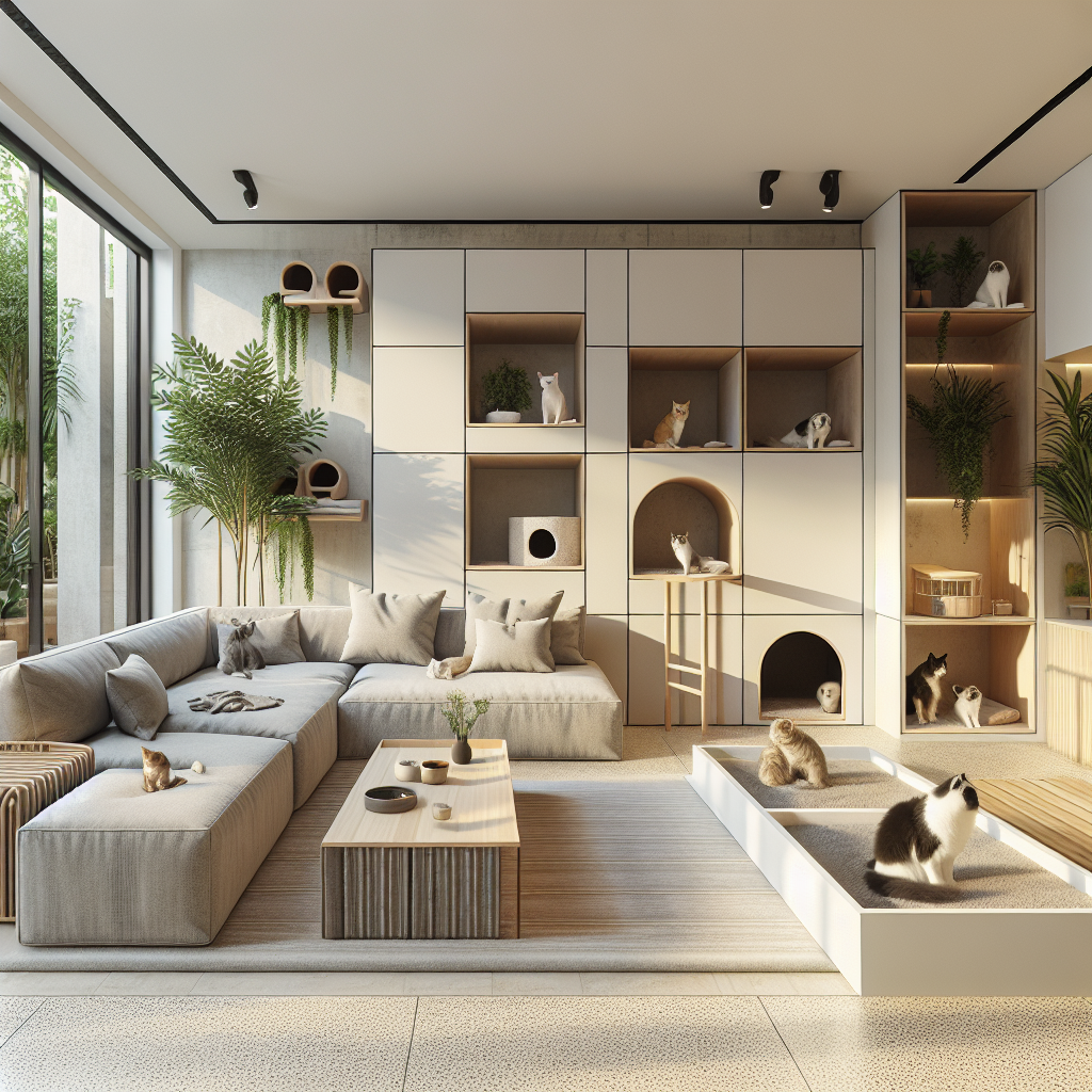 Scandinavian modern living room with terrazzo flooring, modular sofa with pet nook, cat shelves, dog lounge, and terrace greenery.