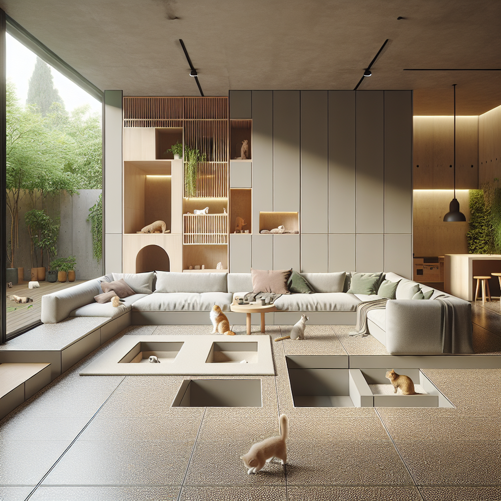 Scandinavian modern living room with terrazzo flooring, modular sofa with pet nook, cat shelves, dog lounge, and terrace greenery.