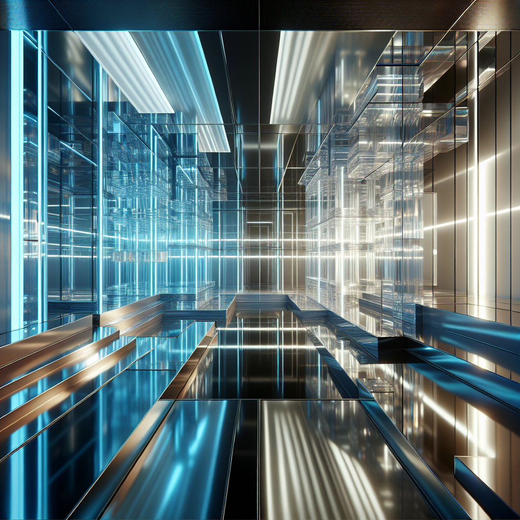 Hyperrealistic futuristic interior of translucent plexiglass room glowing with monochromatic light, blending architecture and sensory design.