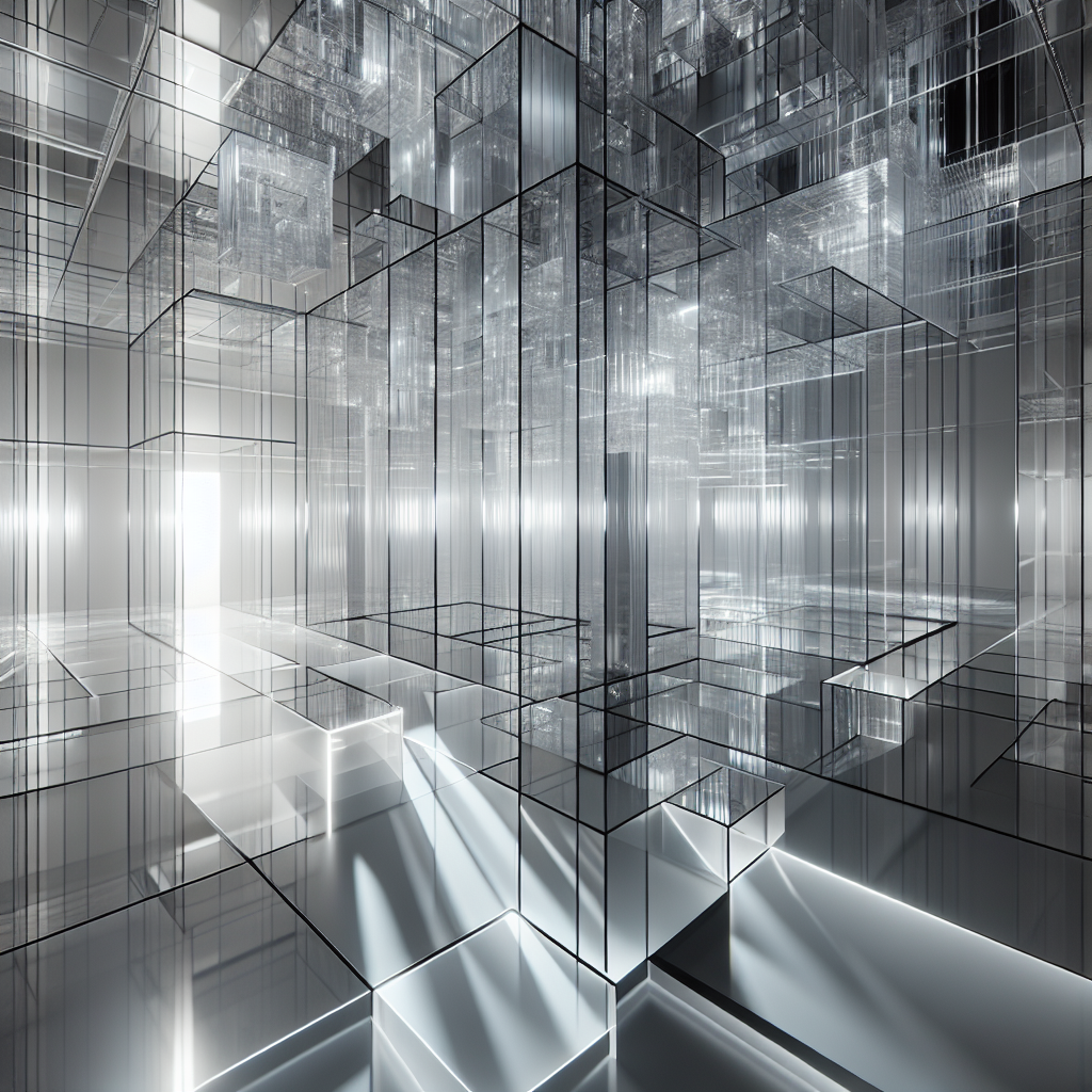 Hyperrealistic futuristic interior of translucent plexiglass room glowing with monochromatic light, blending architecture and sensory design.