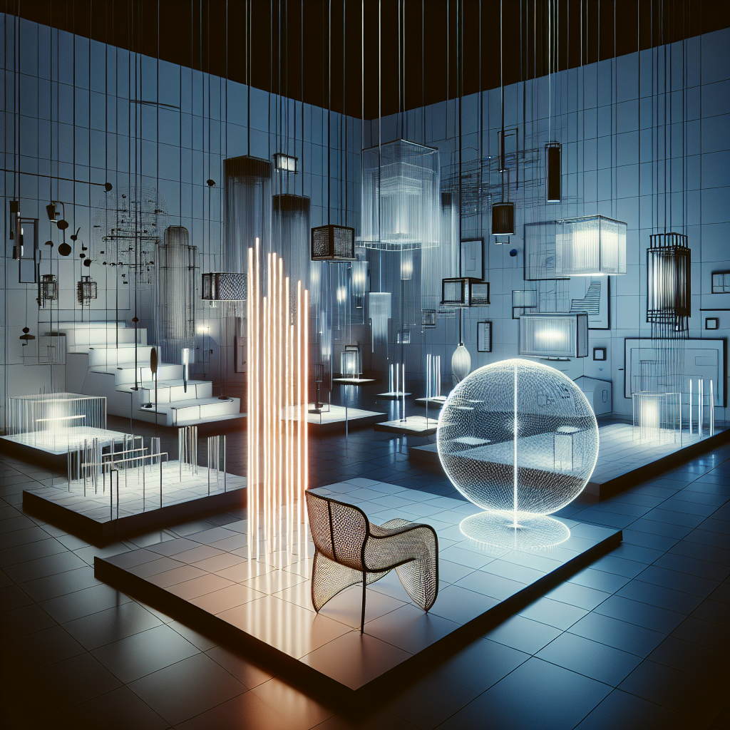 Hyperrealistic Bauhaus‑inspired futuristic gallery with neon grids, holographic chairs, and kinetic light sculptures in a phygital space.