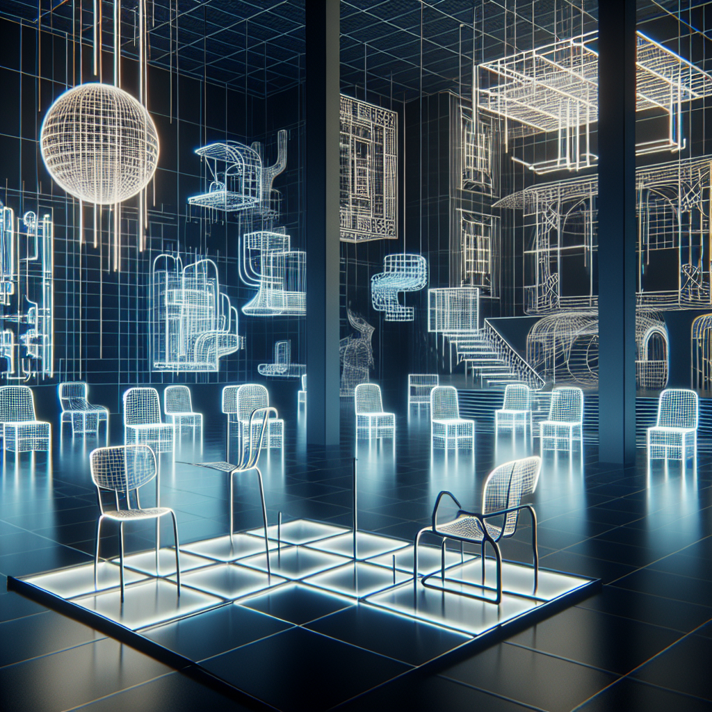 Hyperrealistic Bauhaus‑inspired futuristic gallery with neon grids, holographic chairs, and kinetic light sculptures in a phygital space.
