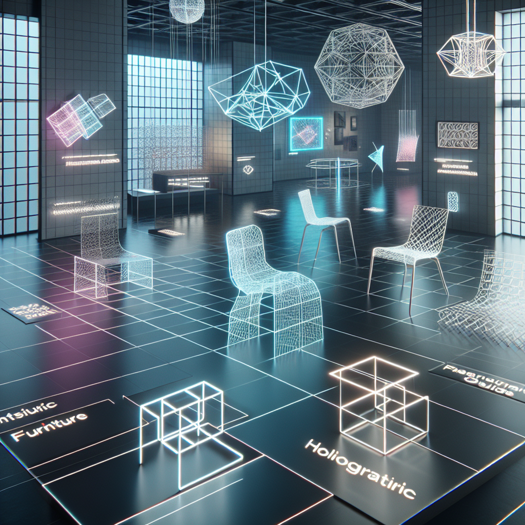 Hyperrealistic Bauhaus‑inspired futuristic gallery with neon grids, holographic chairs, and kinetic light sculptures in a phygital space.
