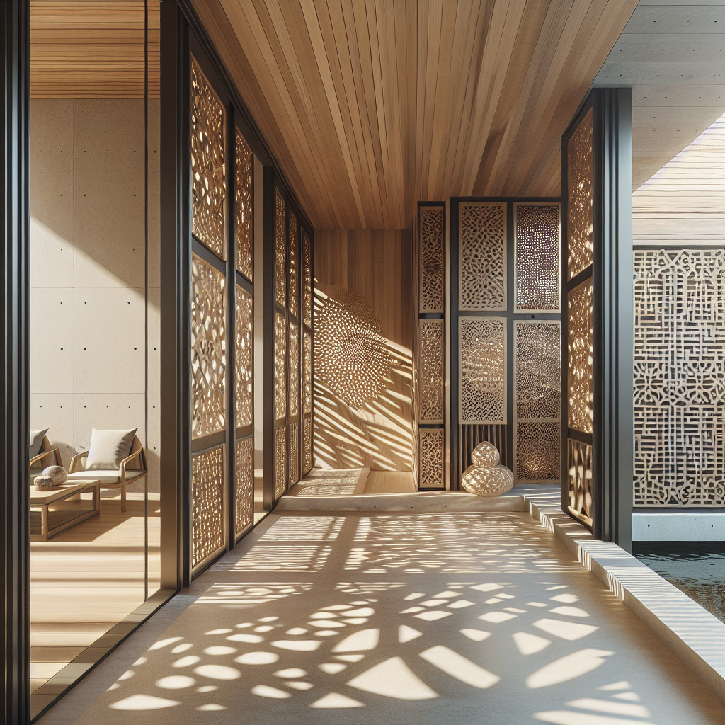 Hyperrealistic veranda with timber-metal perforated shutters, modern minimal design, sustainable airflow, and dynamic light patterns.
