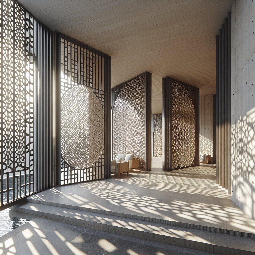 Hyperrealistic veranda with timber-metal perforated shutters, modern minimal design, sustainable airflow, and dynamic light patterns.