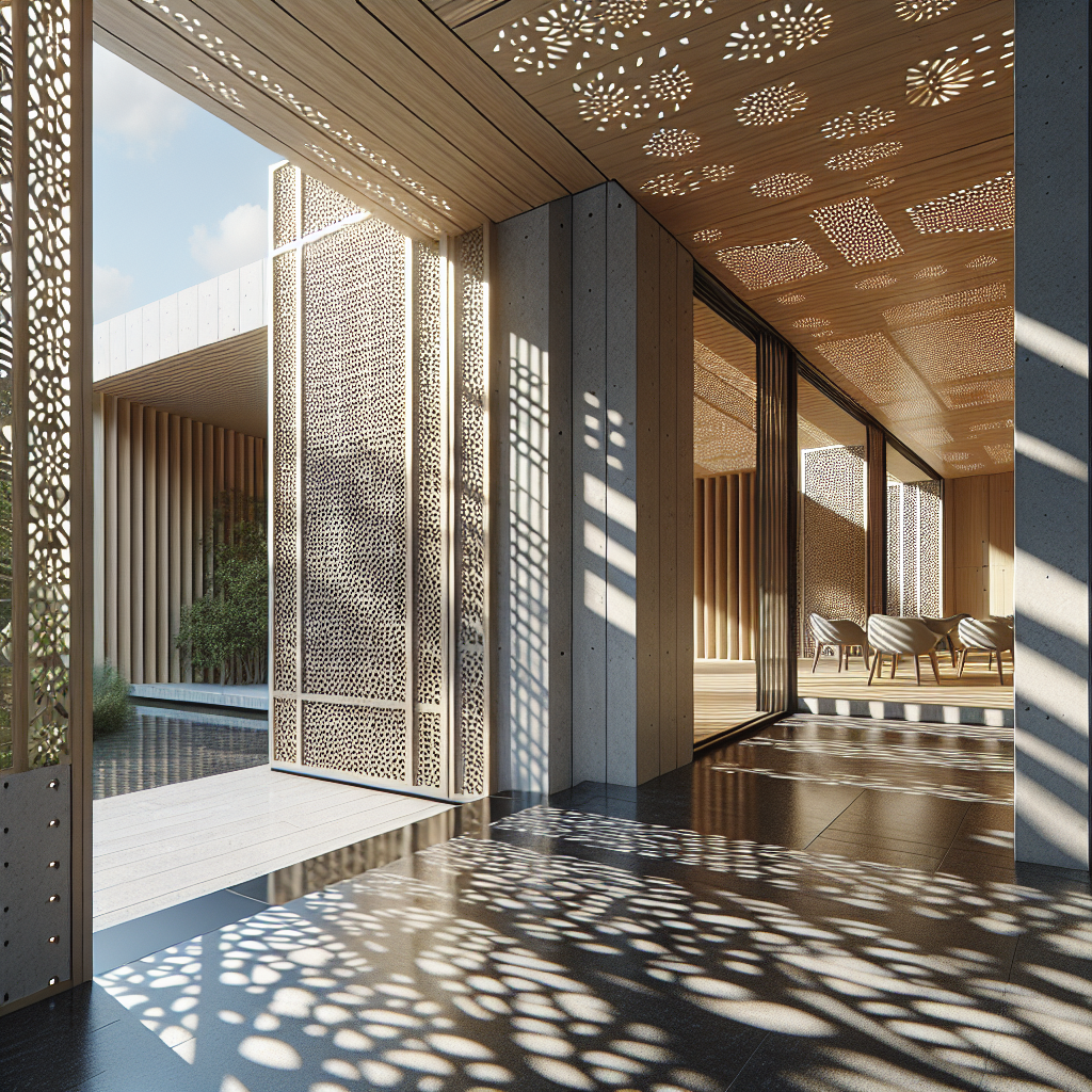 Hyperrealistic veranda with timber-metal perforated shutters, modern minimal design, sustainable airflow, and dynamic light patterns.
