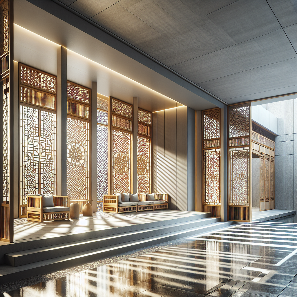 Hyperrealistic veranda with timber-metal perforated shutters, modern minimal design, sustainable airflow, and dynamic light patterns.
