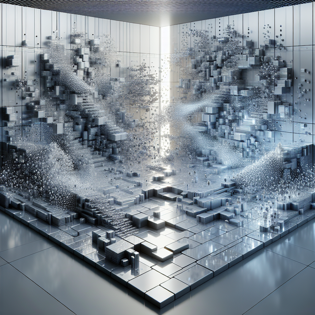 Futuristic smart interior with adaptive robotic micro-brick walls dynamically shifting, showcasing sustainable high-tech architecture design.