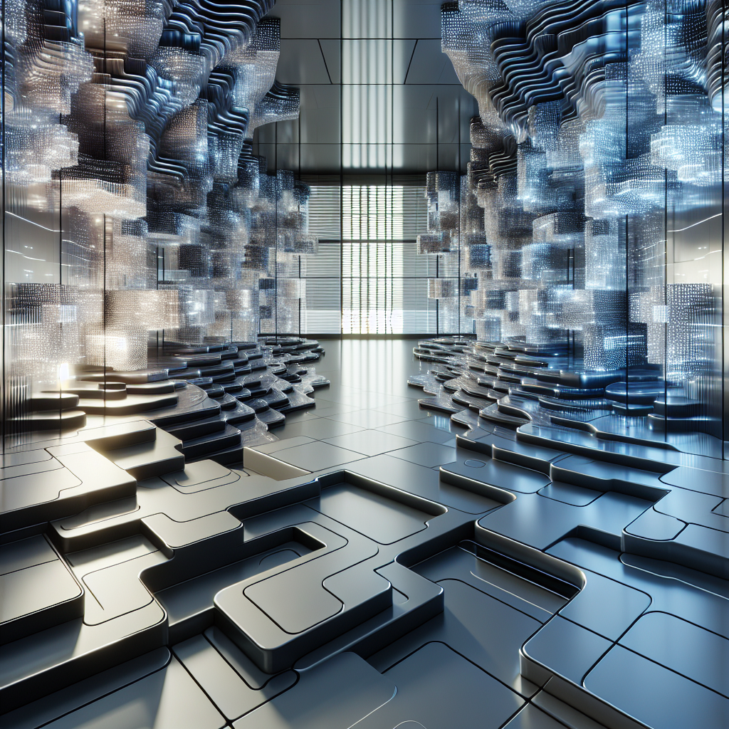 Futuristic smart interior with adaptive robotic micro-brick walls dynamically shifting, showcasing sustainable high-tech architecture design.