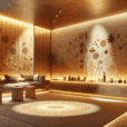 Hyperrealistic boutique lounge with textured plaster walls infused with cinnamon, star anise, saffron, golden lighting, and minimal modern design.