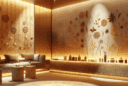 Hyperrealistic boutique lounge with textured plaster walls infused with cinnamon, star anise, saffron, golden lighting, and minimal modern design.