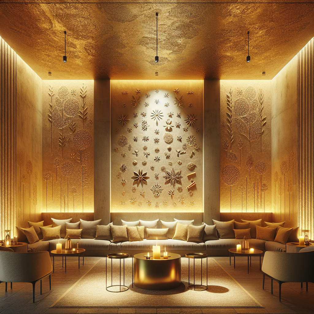 Hyperrealistic boutique lounge with textured plaster walls infused with cinnamon, star anise, saffron, golden lighting, and minimal modern design.
