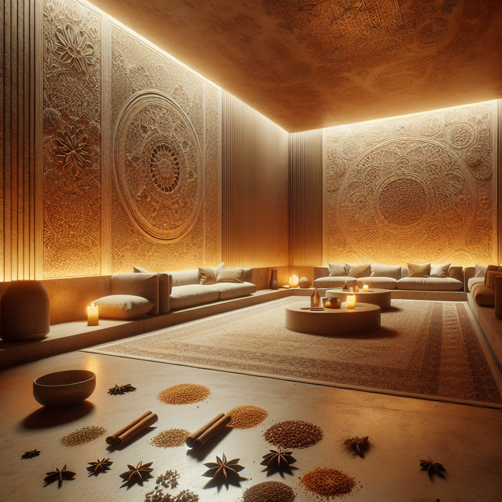 Hyperrealistic boutique lounge with textured plaster walls infused with cinnamon, star anise, saffron, golden lighting, and minimal modern design.