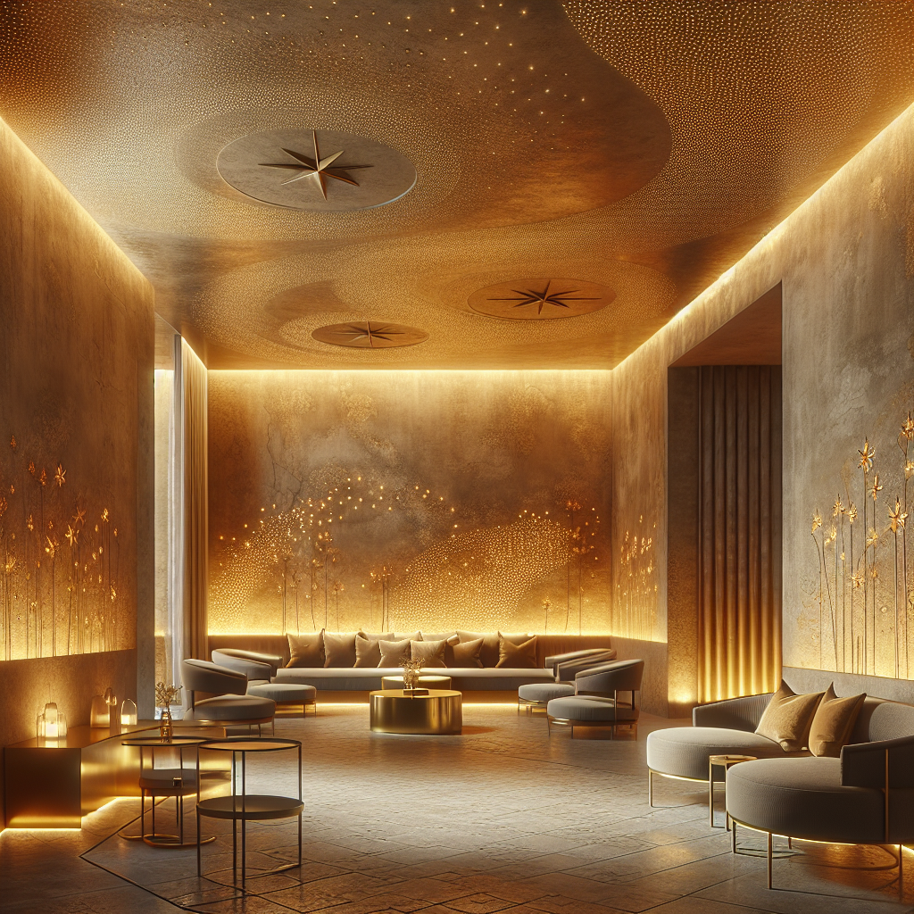 Hyperrealistic boutique lounge with textured plaster walls infused with cinnamon, star anise, saffron, golden lighting, and minimal modern design.